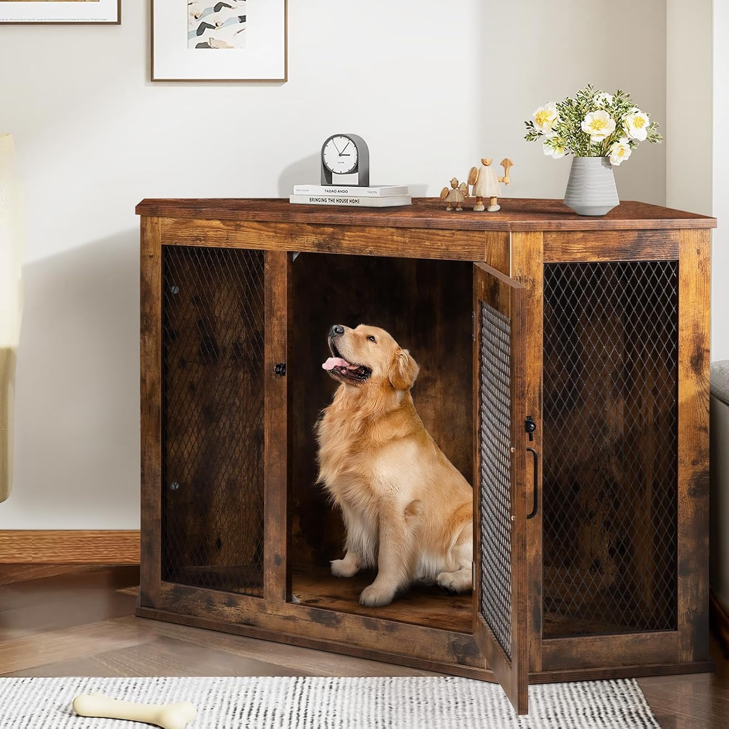 PUKAMI Corner Dog Crate Furniture,44/52inch Wooden Dog Kennel Furniture with Mesh,Decorative Wood Dog House for Indoor use,Dog Crate for Small/Medium/Large Dog,Perfect for Limited Room