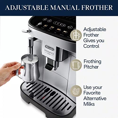 De'Longhi Magnifica Evo with LatteCrema System, Fully Automatic Machine Bean to Cup Espresso Cappuccino and Iced Coffee Maker, Colored Touch Display, Black, Silver