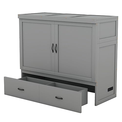Queen Size Murphy Bed with Shelves and LED Lights, Foldable Wood Wall Bed Frame with Flexible Slats Support, Can Be Folded Into Cabinet for Guest Room Bedroom Office,Space-Saving (White-AB39)