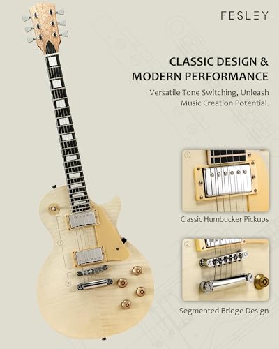 Fesley DIY LP Style Electric Guitar with Mahogany Wood Body/Neck, 6 String, Techwood Fretboard, H-H Pickups, Flamed Maple Veneer Top, Build Your Own Guitar Kit - Natural