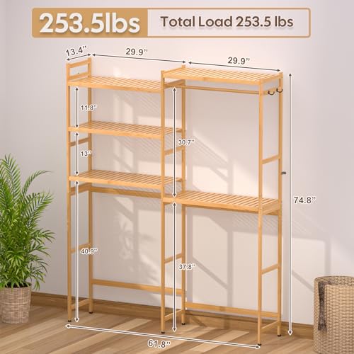 Cozivolife Over The Washer and Dryer Storage Shelf Bamboo,5 Tiers Laundry Room Drying Rack with Adjustable Shelves and 4 Hooks,Space Saver Organizer for Hanging Clothes and Towels