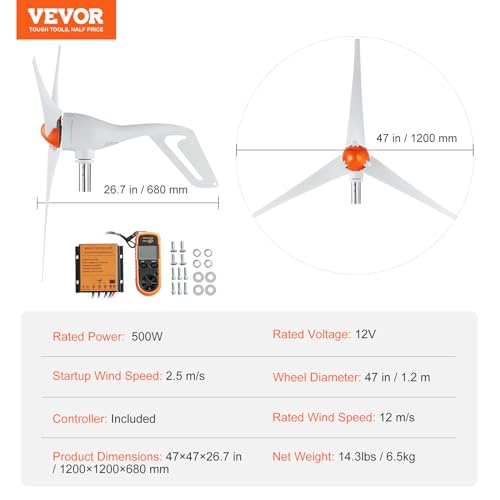VEVOR 500W Wind Turbine Generator, 12V Wind Turbine Kit with MPPT Controller, 3-Blade Wind Power Generator with Adjustable Windward Direction, 2.5m/s Start Wind Speed for RVs, Boats, Home, Farm
