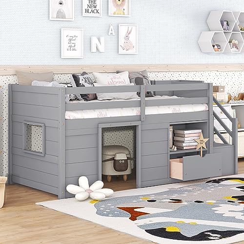 Low Loft Bed with Stairs, Twin Size Loft Bed Frame with Window, Drawers and Shelves, Kids Wooden Loft Bed with Stairway for Boys Girls Teens, Grey