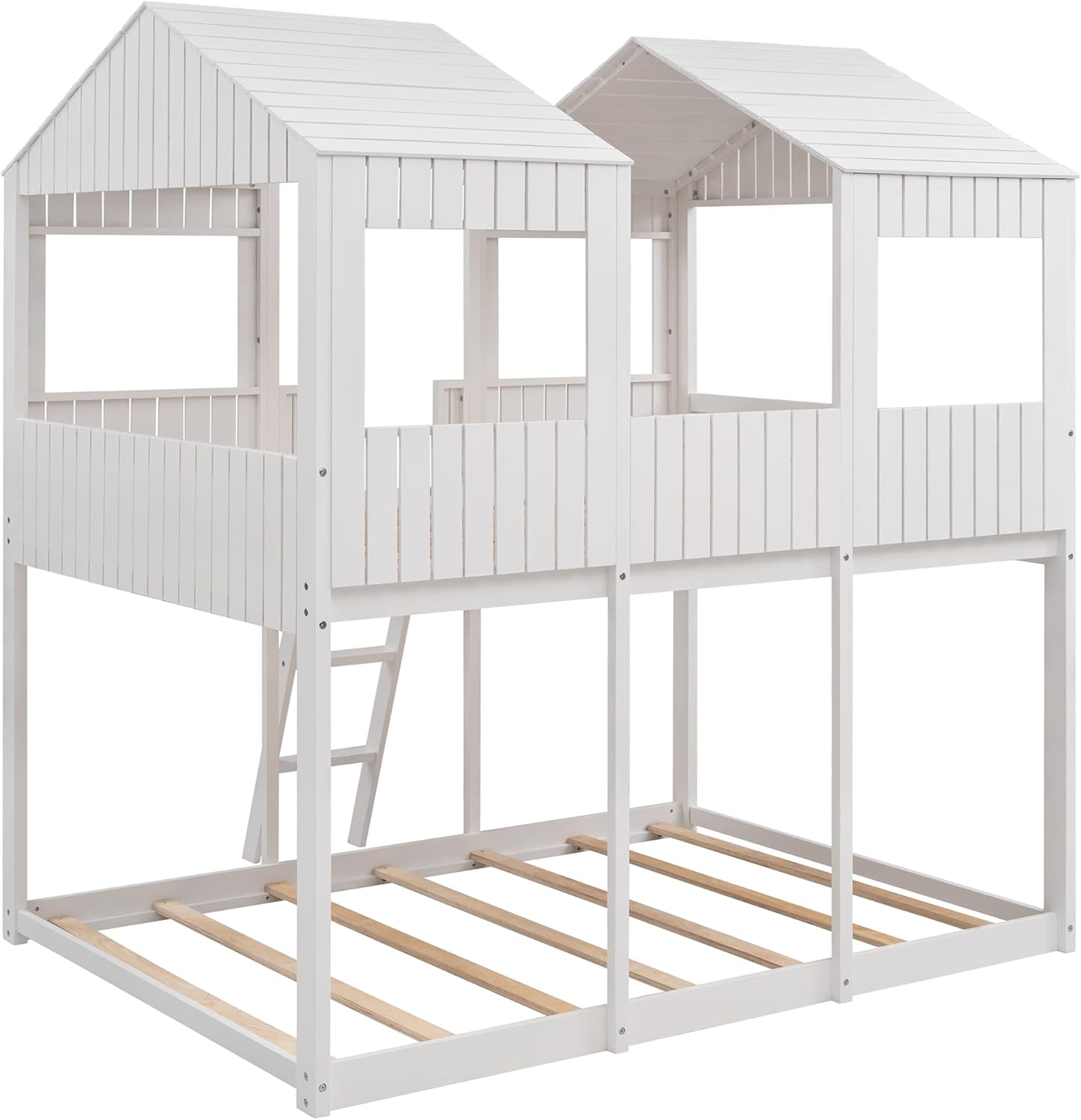 Solid Wood Full Over Full House Bunk Bed with Roof and Ladder, Kids Low Bunkbeds Playhouse with Window & Guard Rail, for Boys Girls Bedroom, White