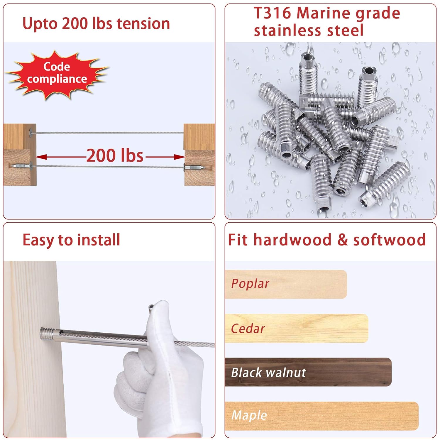 Muzata 40Pack 3/16" Invisible Cable Railing Kit Swage Lag Screw Tensioner CableGenie System Completely Hidden for Wire Rope Wood Posts T316 Stainless Steel 20 Cable Line CR99, CV1 CG1
