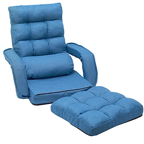 6-Position Adjustable Chaise Lounge Sofa, Folding Lazy Floor Chair Sofa Lounger Bed with Armrests and a Pillow Padded for Living Room (Blue)