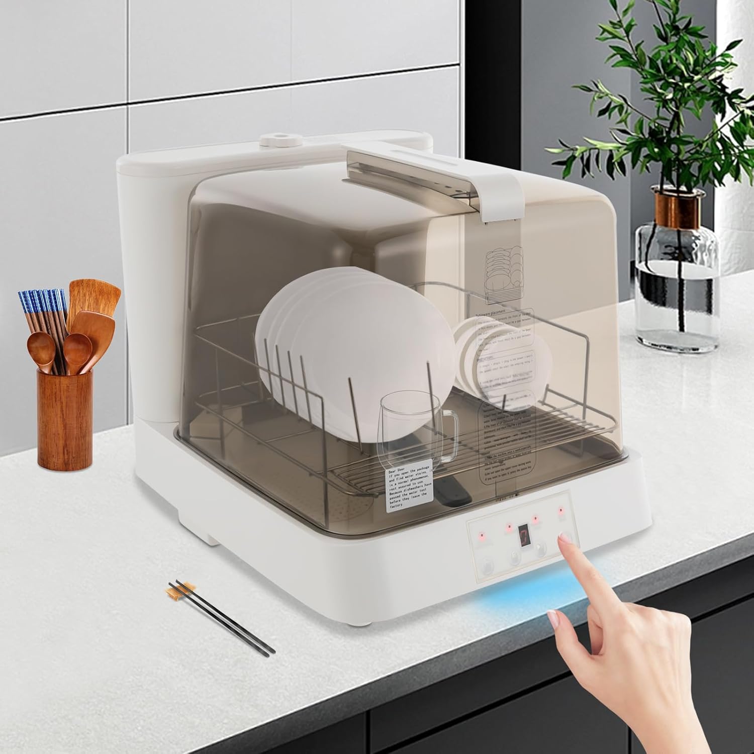 Headry Modern Visible Countertop Dishwasher with Built-in 1.59gal Water Tank, Portable Mini Counter Dishwasher, 3 Cleaning Mode, 360°Rotating Spray, Air-Dry Function Large Capacity (Brown&White)