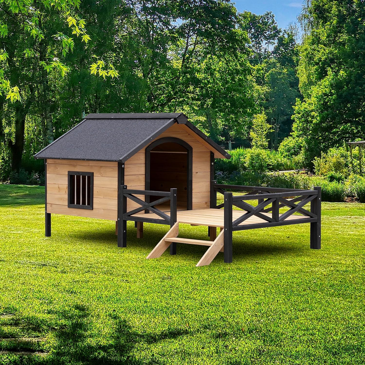 Rustic Wooden Dog Kennel with Porch: Outdoor Cabin Style - Easy Assembly, Kiln-Dried Fir Wood, Waterproof Paint - Quality Construction,Graphic Assembly Guide Included