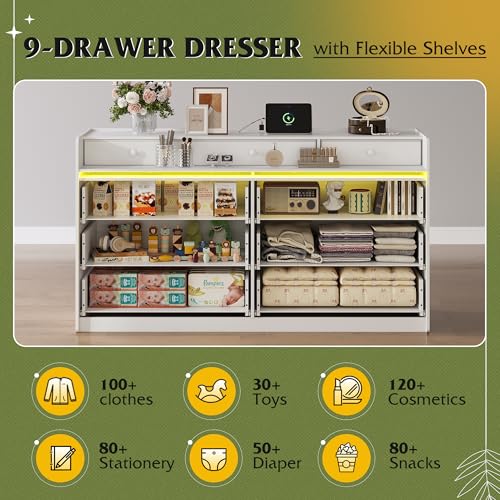 WLIVE 9 Drawer Dressers, Modern Large Wood Dresser Chest for Bedroom Organize with Sturdy Metal Handle, TV Stand for 75 inch TV, Living Room Office, Hallway, Ball Bearing Slide, Grey Oak (63" W)