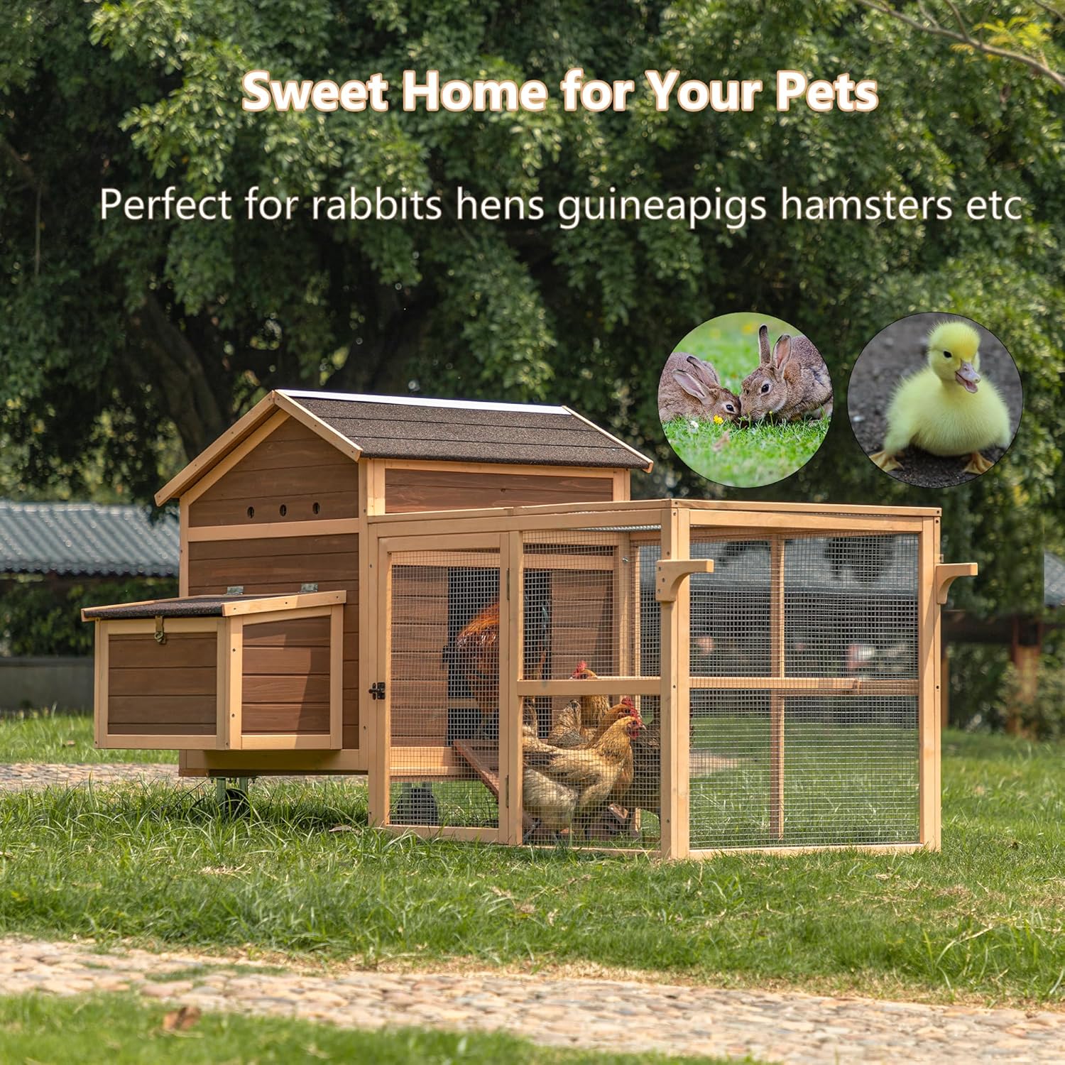 81”L Movable Chicken Coop with Wheels for 4-6 Chickens, Outdoor Chicken Coop with Run and Nesting Box Wooden Duck House Poultry Cage Chicken Hutch with Ramps for Hens Ducks and Rabbits