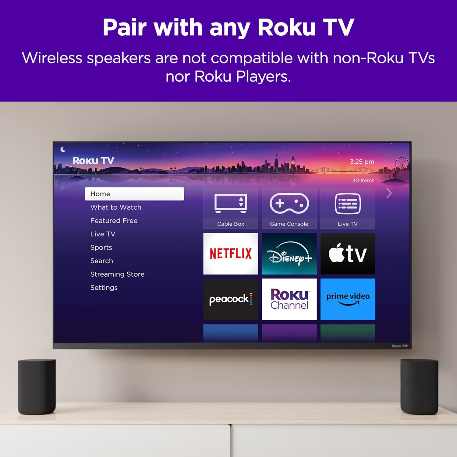 Roku Wireless Speakers 2 Count(Pack of 2) for Roku Streambars or Roku TV, Black