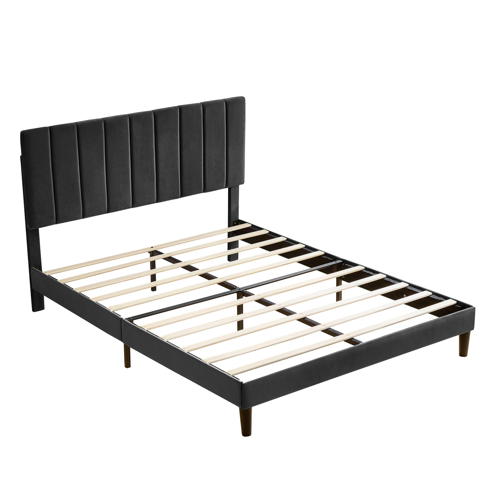 Queen Size Black Platform Bed with Upholstered Headboard, Heavy Duty Mattress Foundation, Easy Assembly