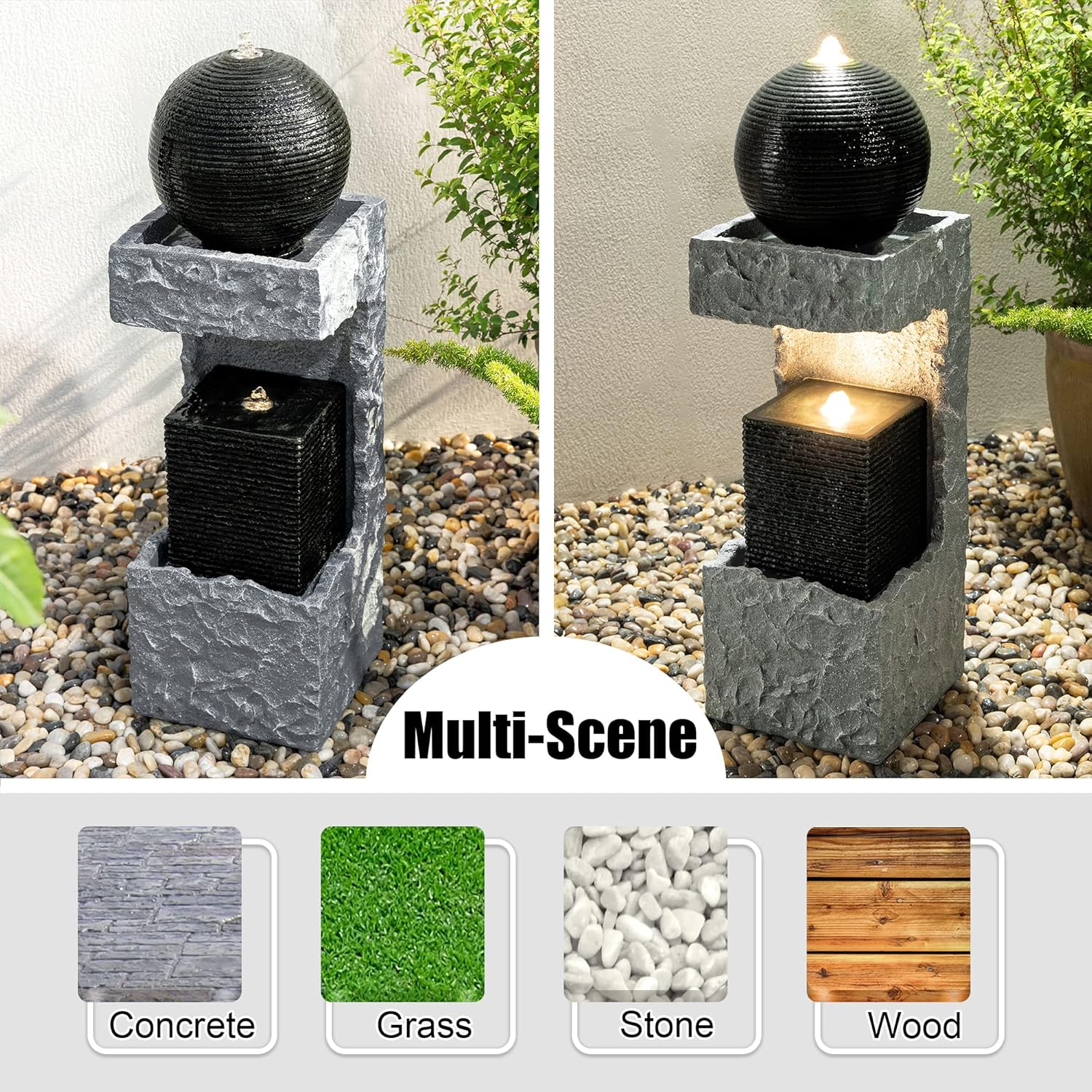 Glitzhome 2 Tiers Outdoor Water Fountain Modern Stacked Sphere Spillway Garden Decor with Pump and LED Light, 34.75" H