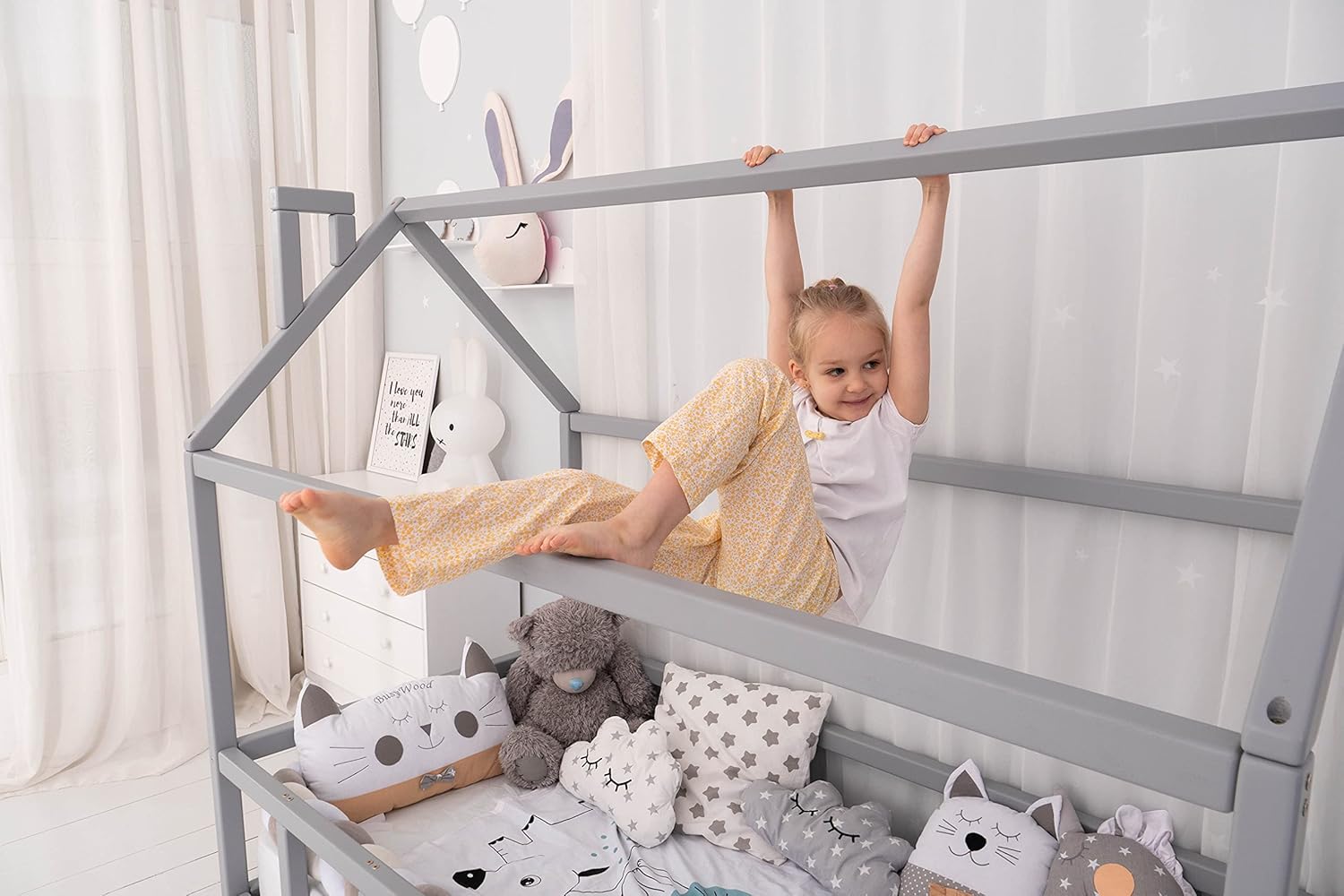 BUSYWOOD Montessori Twin House Bed - Toddler Floor Bed Frame - Kids Furniture - Indoor Playroom - Floor Bed House - Montessori Bed for Toddlers (Model 2, Grey, Floor Bed)