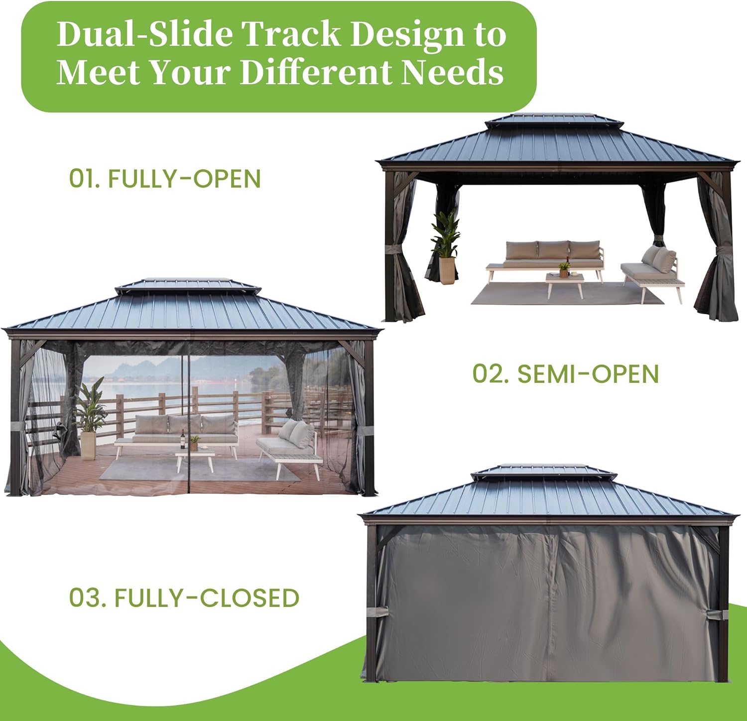 12' x 16' Hardtop Gazebo, Metal Gazebos with Aluminum Frame, Double Galvanized Steel Roof, Permanent Gazebo with Curtains and Netting for Patio Lawn Pool and Garden(Gray)