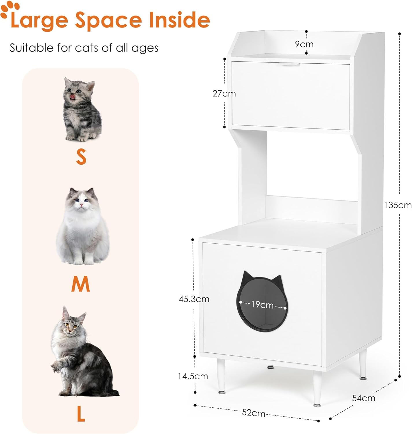 Litter Box Enclosure with Storage Shelves and Cabinet, White Wooden Hidden Cat Litter Box Furniture Industrial Indoor Cat House Washroom Pet Crate,Anti Tipping Design,Suitable for All Cats