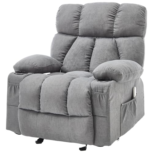 Massage Rocker Recliner Chair with Heat and Vibration Ergonomic Rocking Lounge Chair for Living Room Comfy Overstuffed Recliner with 4 Side Pockets,2 Cup Holders, USB Charge Port, Grey
