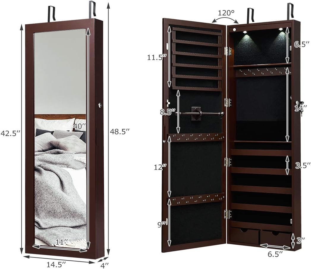 Giantex Jewelry Armoire Wall Door Mounted, Lockable Jewelry Cabinet with 42.5'' Full Length Mirror, 2 LEDs Jewelry Organizer Box with 2 Drawers, Mirror with Jewelry Storage (Espresso)