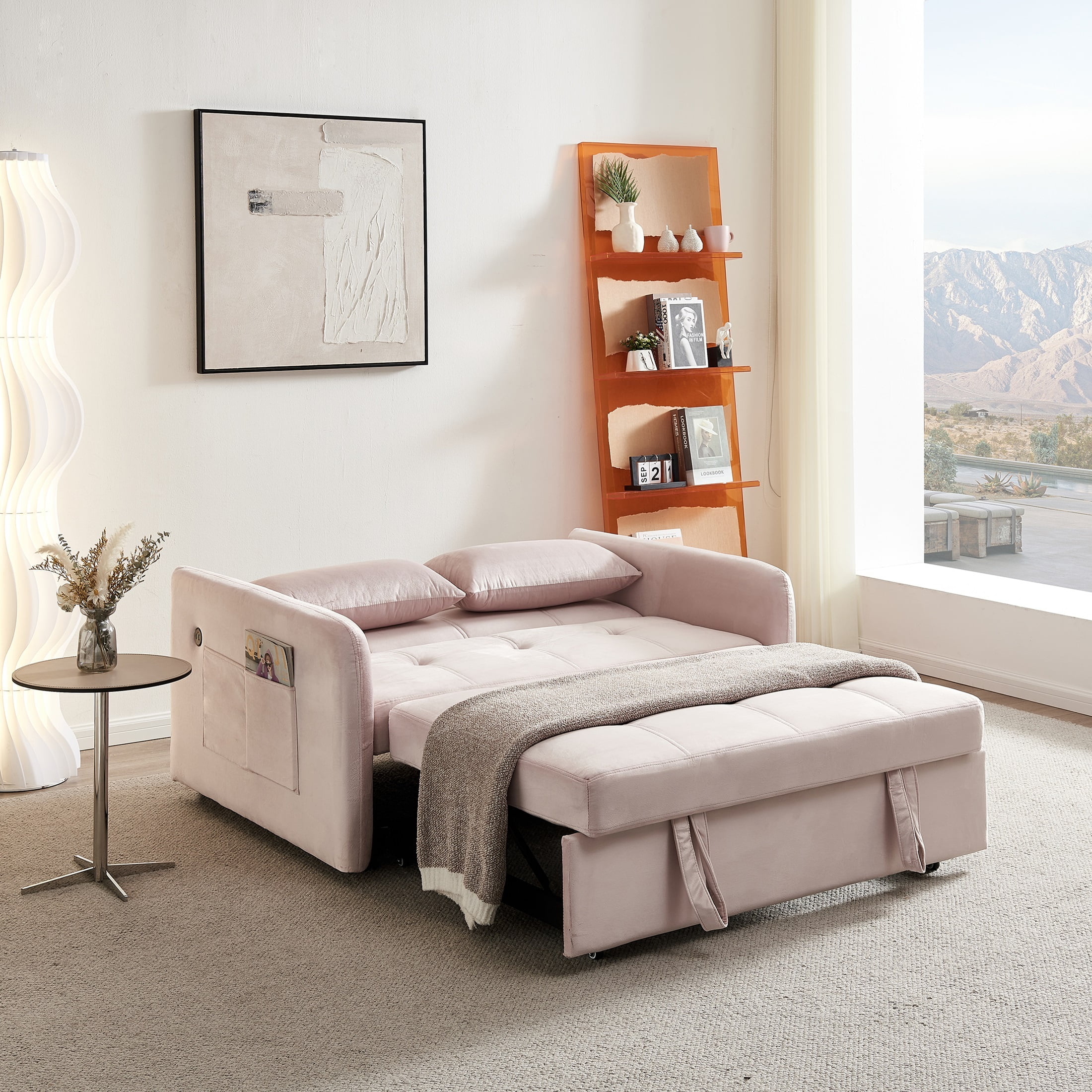 Noodeniya Convertible Sleeper Pull Out Sofa Bed with USB Port and Side Pockets, Velvet Loveseat Sofa Couch, Modern Sofa Bed for Small Space, Pink