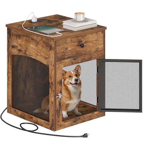 HOOBRO Dog Crate Furniture, Dog Kennel with Drawer and Charging Station, Indoor Decorative Puppy House, Wooden Pet Crate End Table for Small Dogs, Rustic Brown and Black BF58UGW03G1