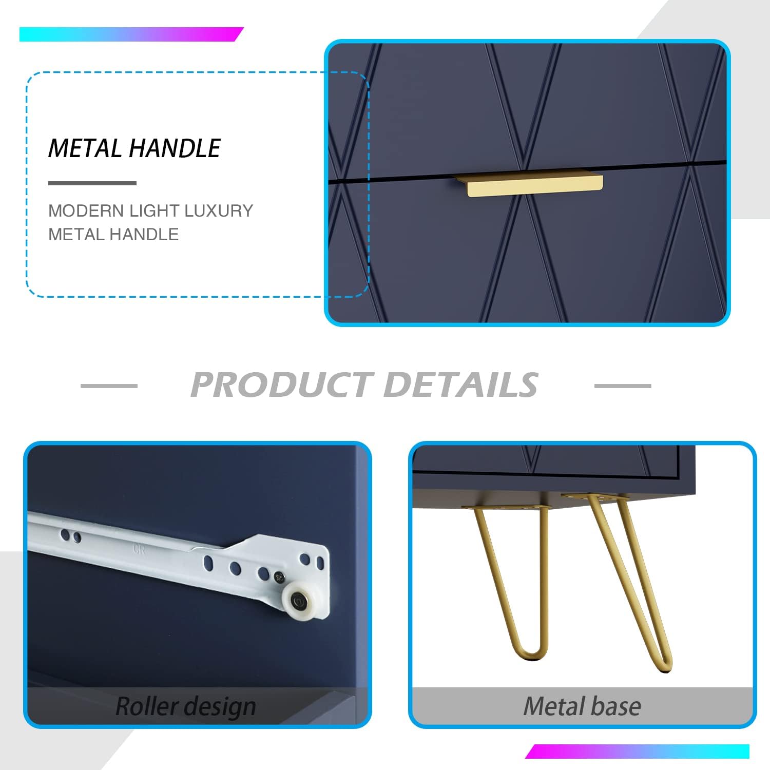 Anbuy Navy Blue 6 Drawer Dresser for Bedroom, Large Double Dresser with Wide Drawers and Gold Handles, Chest of Drawers