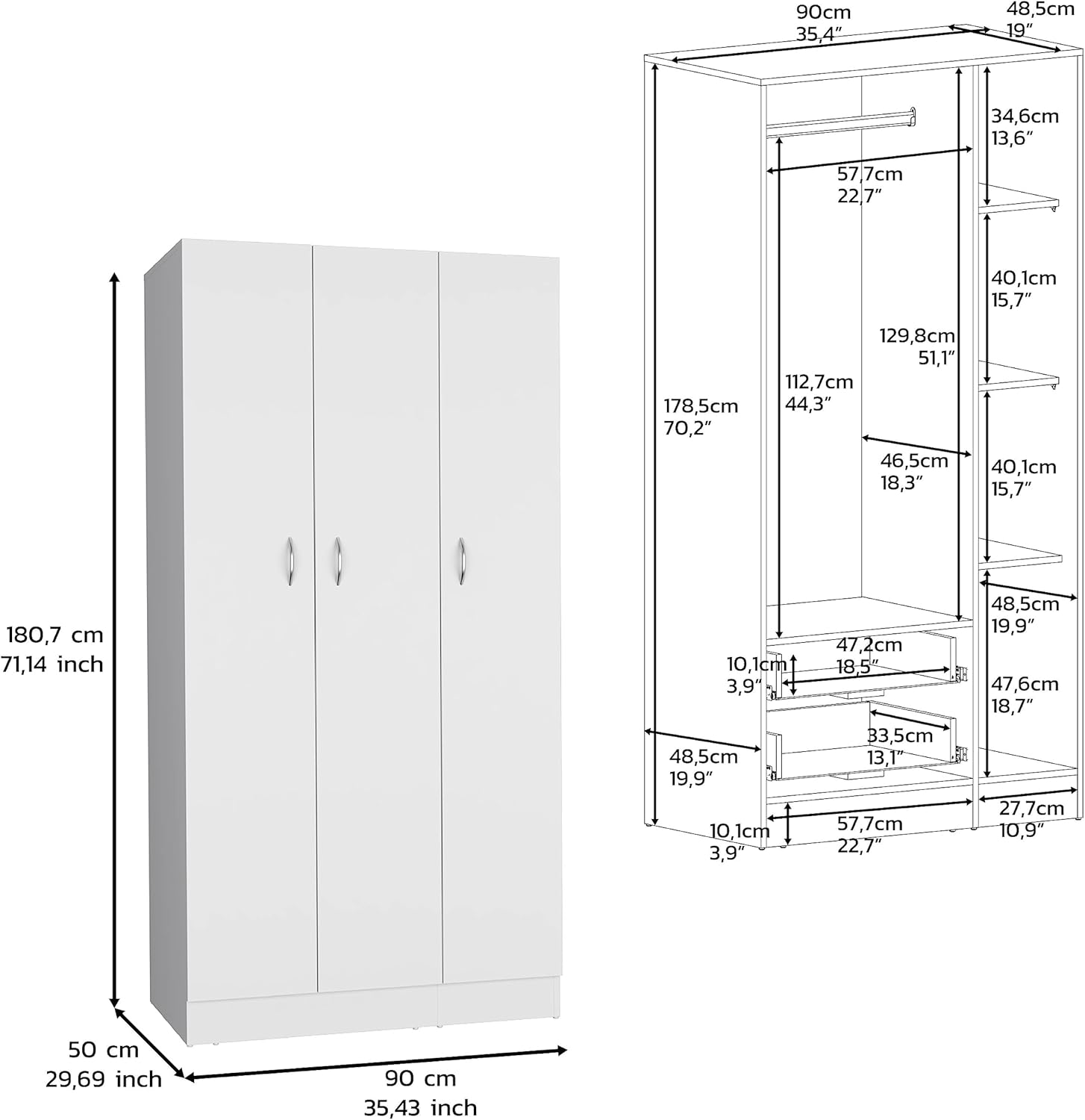 Wardrobe Armoire 71H with 3-Doors and 2-Inner Drawers, 3 Doors, White