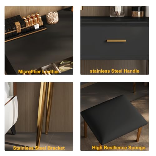 Vanity Desk Set with 360° Rotating Mirror and Lights, Small Makeup Vanity with Microfiber Leather, Vanity Table with 3 Lighting Modes, 2 Drawers, Stool - 31.5in Black