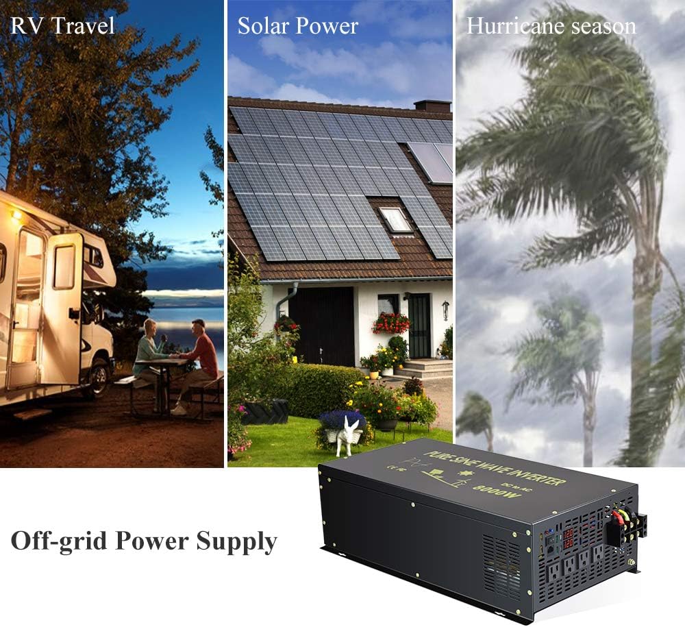 Reliable 8000W Continuous Power Heavy Duty Pure Sine Wave Power Inverter DC 48V to AC 120V with 4 AC Outlets Remote Control 66A Hardwire Terminal and LED Display for RV Car Solar System Emergency