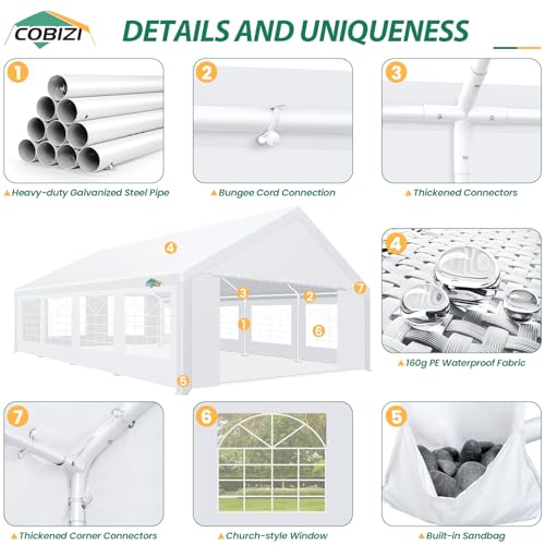 COBIZI 20x40 Party Tent Heavy Duty, Galvanized Wedding Tent, Event Shelter for Parties, Outdoor with Removable Sidewall & Built-in Sandbag, Carpas para Fiestas, Large Canopy, Waterproof, White