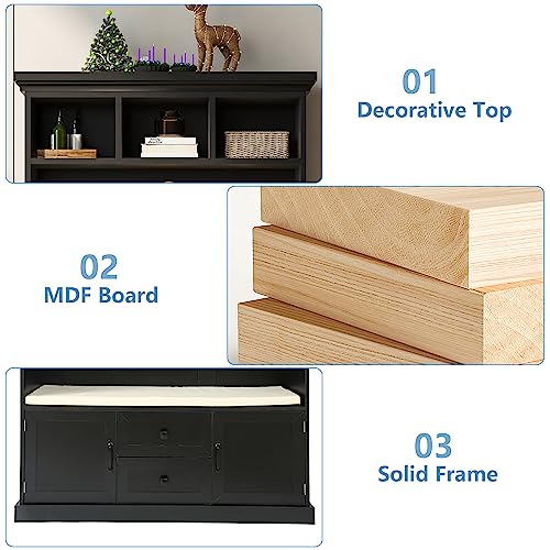 70.9 Inch Black Hall Tree, 3 in 1 Farmhouse Mudroom Bench with Storage and 4 Hooks, Wood Entryway Coat Rack Shoe Bench, Soft Cushion and Storage Drawers for Living Room, Bedroom, Hallway