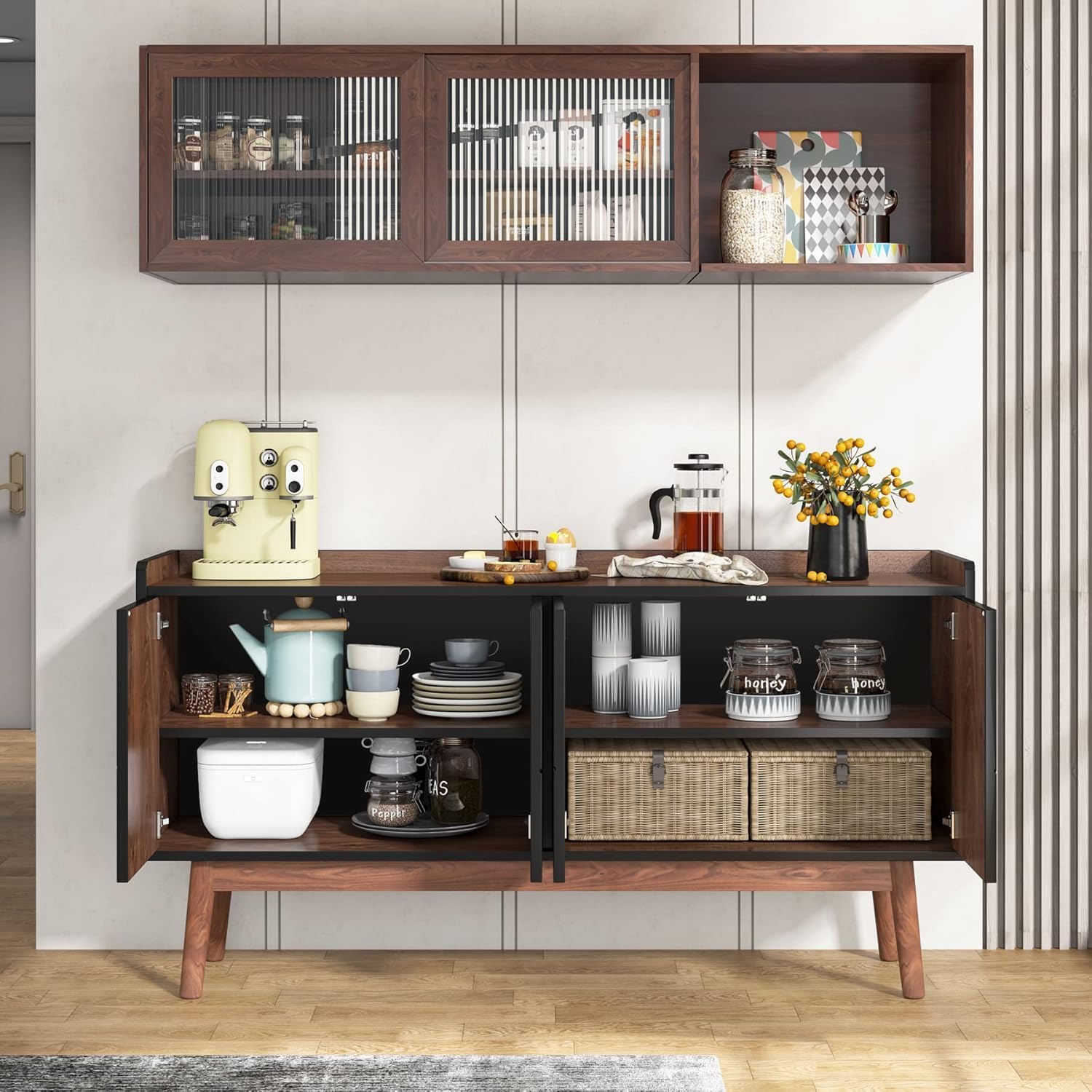 Tribesigns Sideboard Buffet Cabinet with Storage 55" Kitchen Sideboard Cabinet, Wood Coffee Bar Cabinet with Doors, Accent Sideboard Cabinet, Console Table Cabinet for Dining Room Living Room, Black