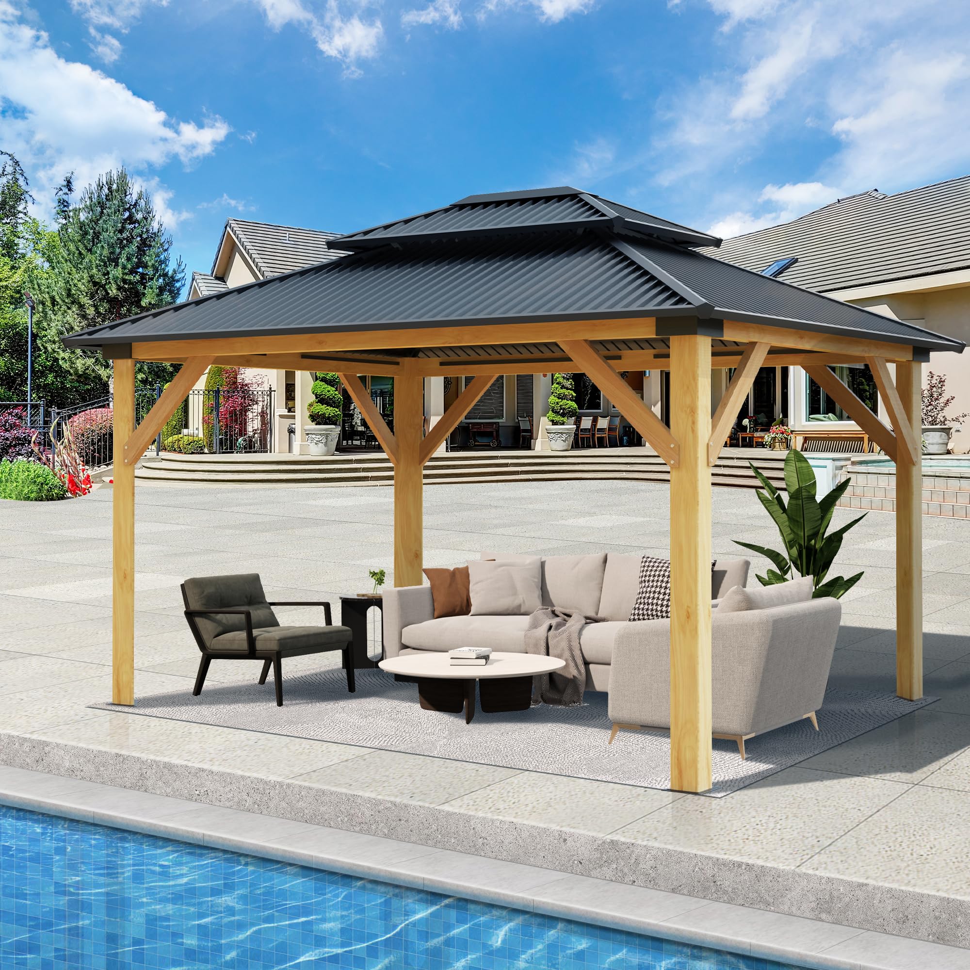 Gartooo 11’x13’ Outdoor Wooden Gazebo - Patio&nbsp;Galvanized Steel Gazebo with Double Vented Roof, Heavy-duty Cedar Wooden Gazebo for Garden, Lawn, Poolside, Backyard Deck