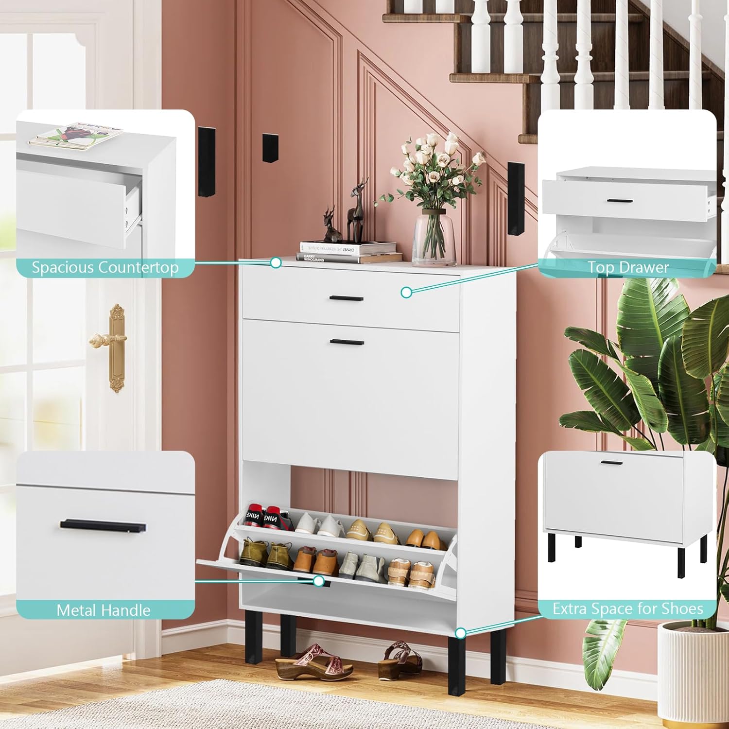 Slim Shoe Cabinet with Doors Wooden Free Standing Shoe Rack with 2 Flip Drawers Modern White Shoe Storage Cabinet with Drawer for Entryway Hallway Living Room Bedroom Apartment