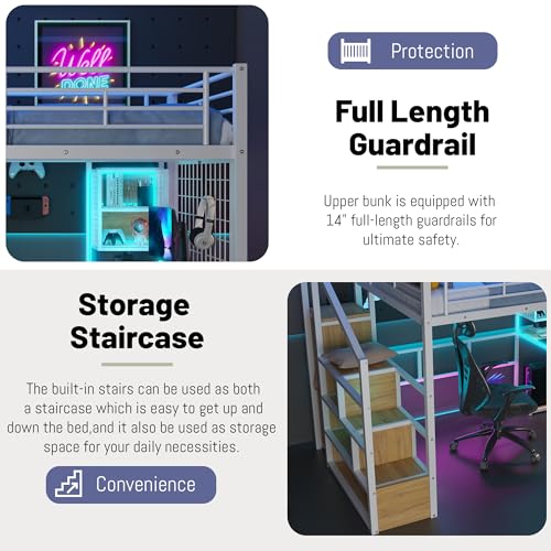 Full Size Loft Bed with Desk and Stairs,Metal Gaming Loft Bed Full with Wardrobe and Shelf, High Loft Bed with LED & USB Charging Station for Teens, Adults, Space Saving Design,Black