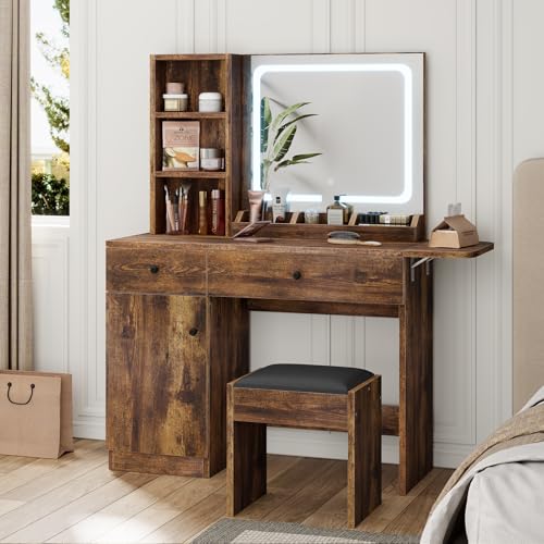 IDEALHOUSE Vanity Desk with Mirror and Lights, Large Storage Space with 2 Drawers and Adjustable Shelves Storage Makeup Vanity, 3 Lighting Modes Adjustable Brightness, Bedroom Vanity Table, White