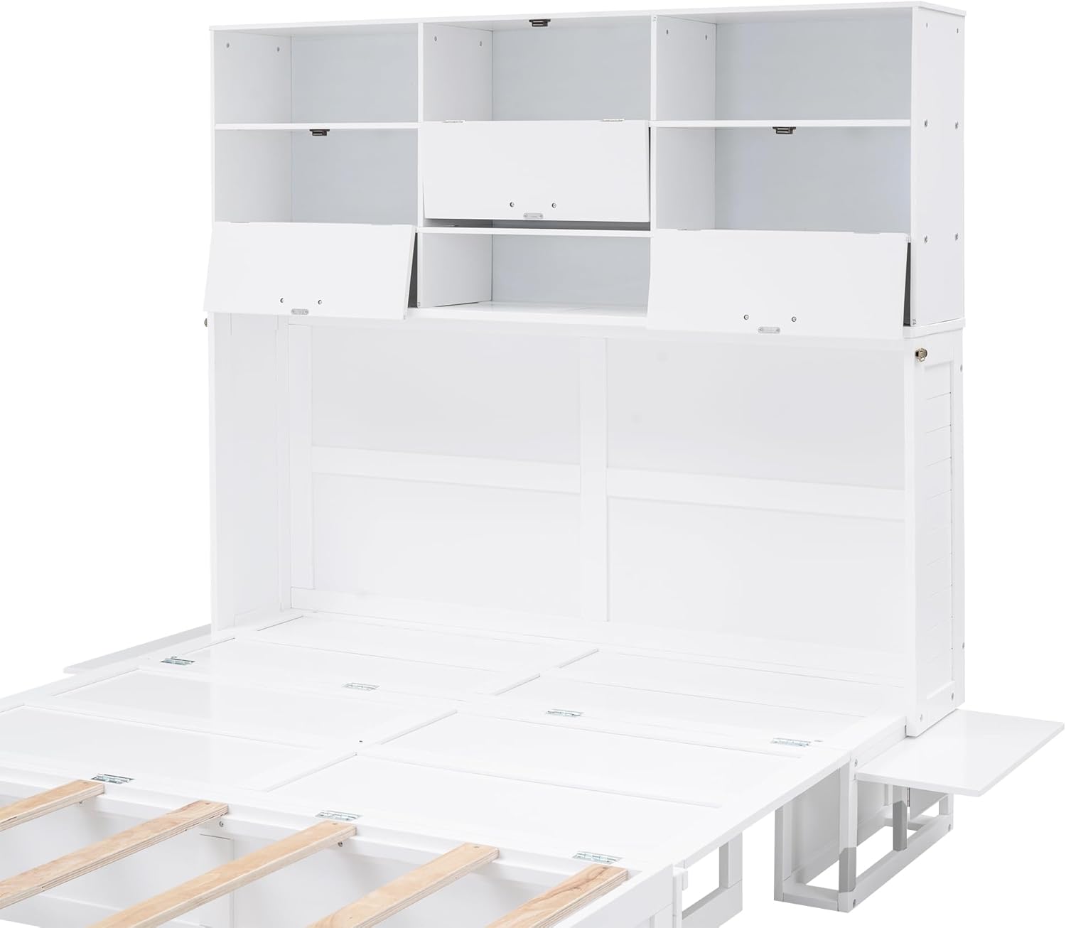 Queen Size Murphy Bed with Bookcase, Bedside Shelves and A Big Drawer, Murphy Platform Bed, for Guest Room Home Office
