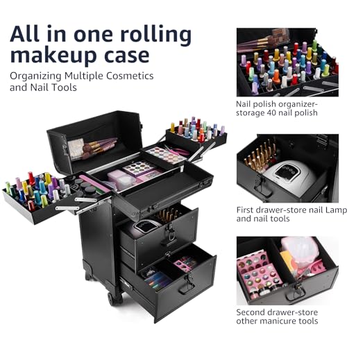 Yokilly Rolling Makeup Train Case, Professional Cosmetology Case on Wheels, Aluminum Cosmetic Trolley Travelling Cart Trunk with Swivel Wheels, Sliding Drawer & Keys for Nail Technician Stylist(Black)