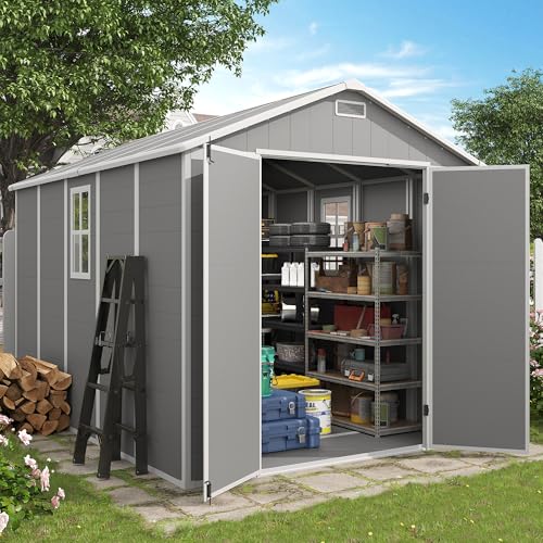Outdoor Storage Shed, 6x6 FT Resin Shed with Floor and Lockable Door, Window, Vents, Tool Sheds and Outdoor Storage for Bike, Garden Accessories, Tools, Waterproof (Grey & White)