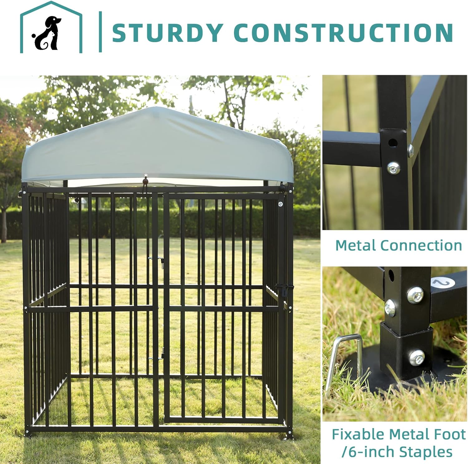 MEETWARM Large Outdoor Dog Kennel, Metal Heavy Duty Outdoor Indoor Pet Playpen, Anti-Rust Dog Pens Outdoor Dog Fence with Anti-UV & Waterproof Top Cover and Secure Lock for Backyard, 4'L x 4'W x 5'H