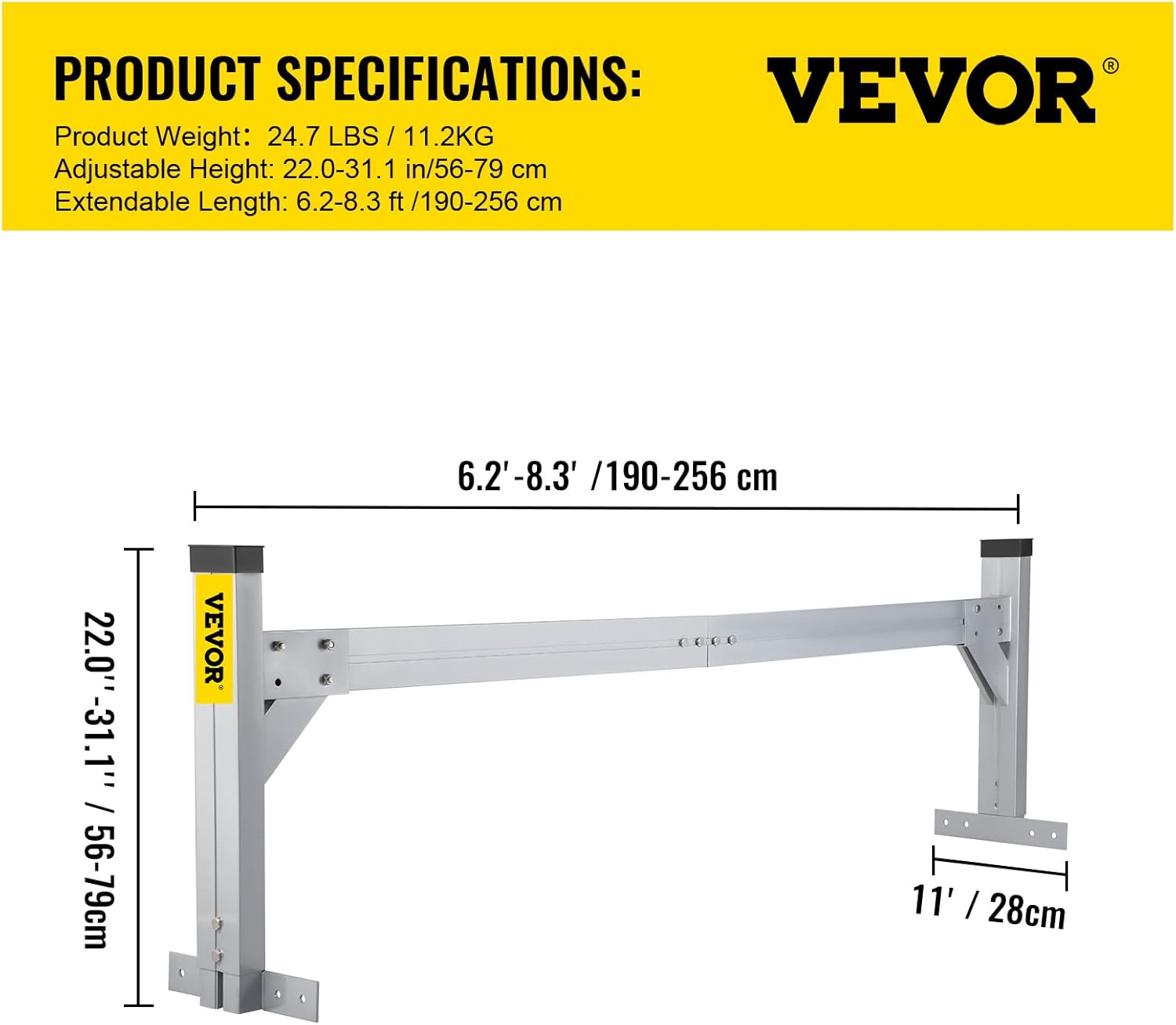 VEVOR Universal Roof Ladder Rack, Fit for 6.2'-8.3' Wide Vans, 2 Bars Adjustable Aluminum Trailer Ladder Rack with 330 LBS Capacity, for Cargo Vans Trucks or Pickups, Silver