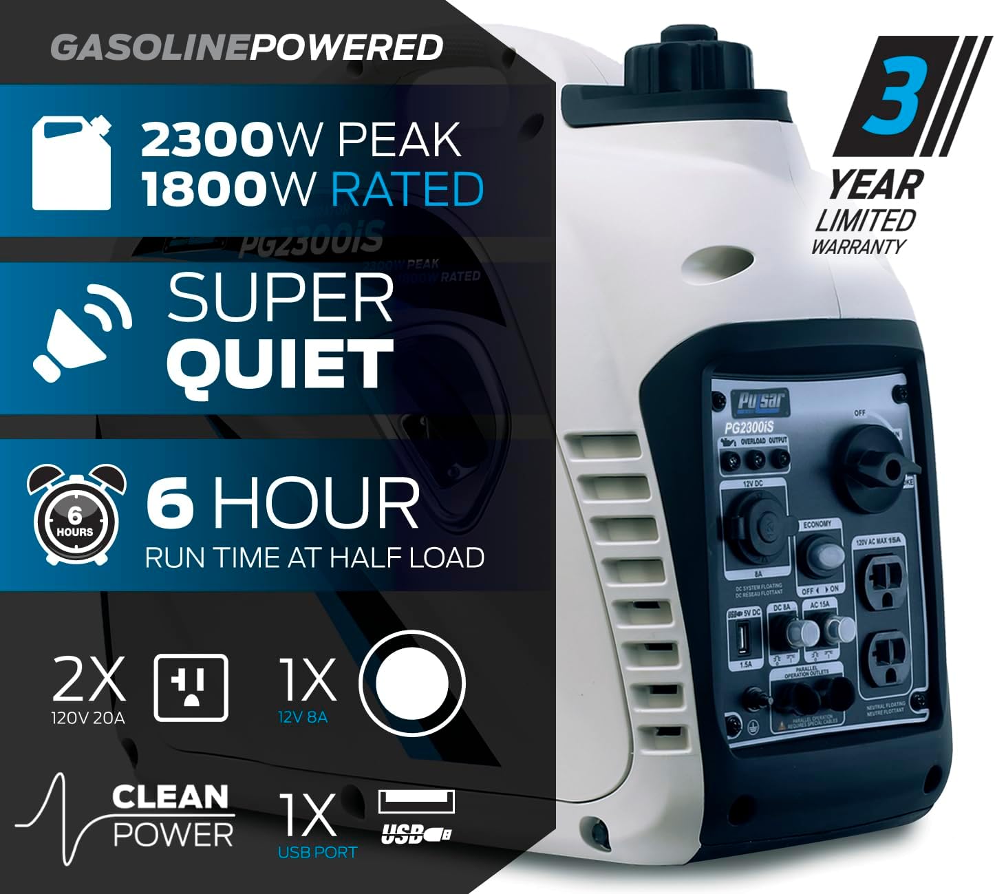 Pulsar PG2300iS 2,300W Portable Super Quiet Gas-Powered Inverter Generator with USB Outlet & Parallel Capability, CARB Compliant