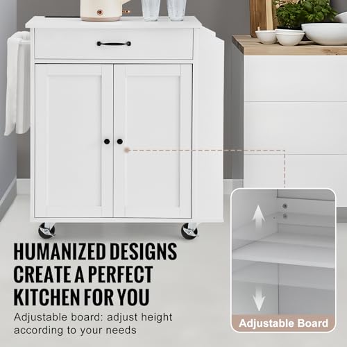 VEVOR Kitchen Island Cart with Solid Wood Top, 35.4" Width Mobile Carts with Storage Cabinet, Rolling Kitchen Table with Spice Rack, Towel Rack, and Drawer, Portable Islands on Wheels, White