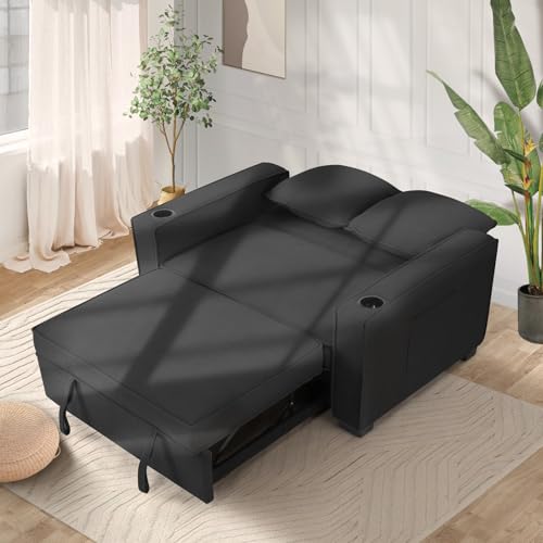 52" Convertible Sofa Bed, 3-in-1 Sleeper Sofa Pull-Out Bed, Multi-Functional Corduroy Futon Couch with Adjustable Backrest and Cup Holders, Loveseat Sofa for Small Space, Living Room, Black