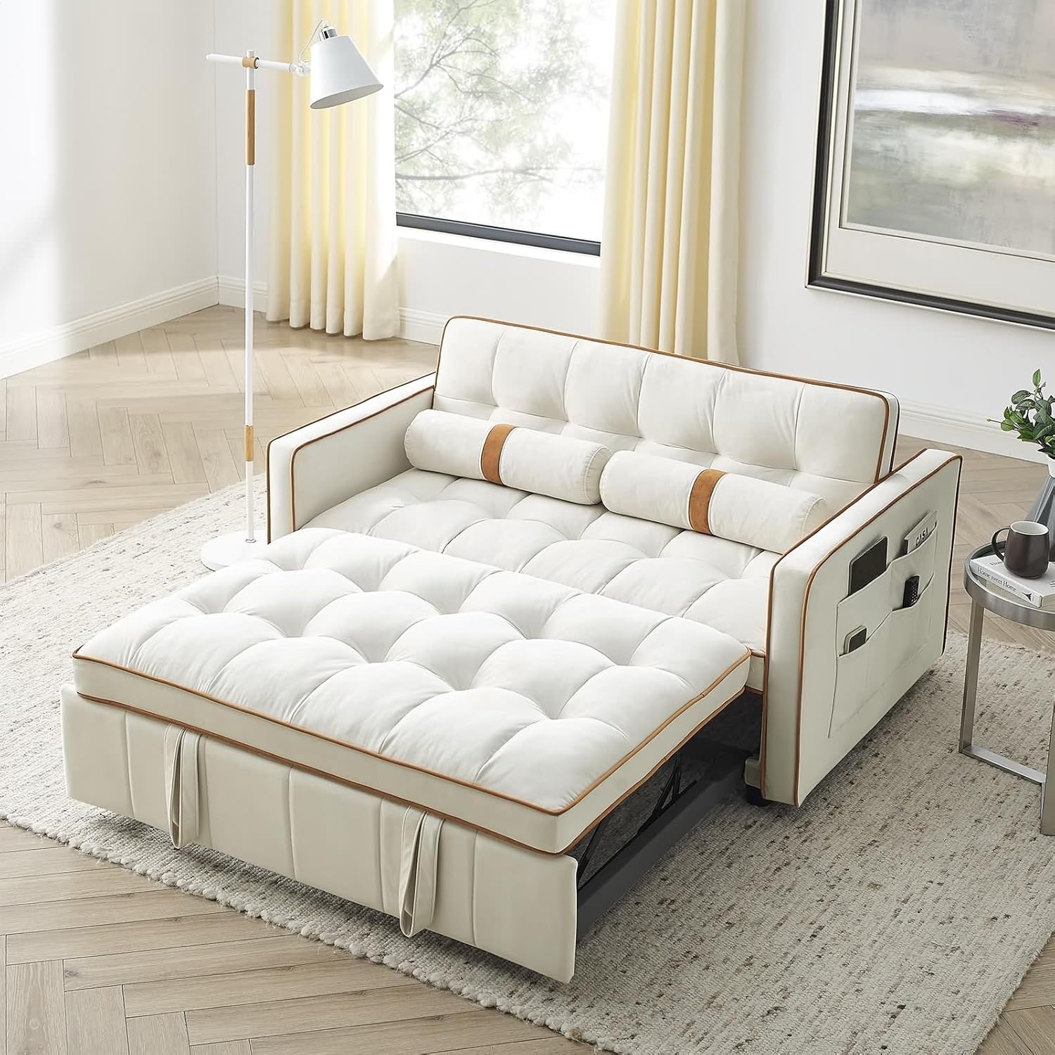 Modern 55.5" Pull Out Sleep Sofa Bed 2 Seater Loveseats Sofa Couch with Side Pockets, Adjsutable Backrest and Lumbar Pillows for Apartment Office Living Room, Beige