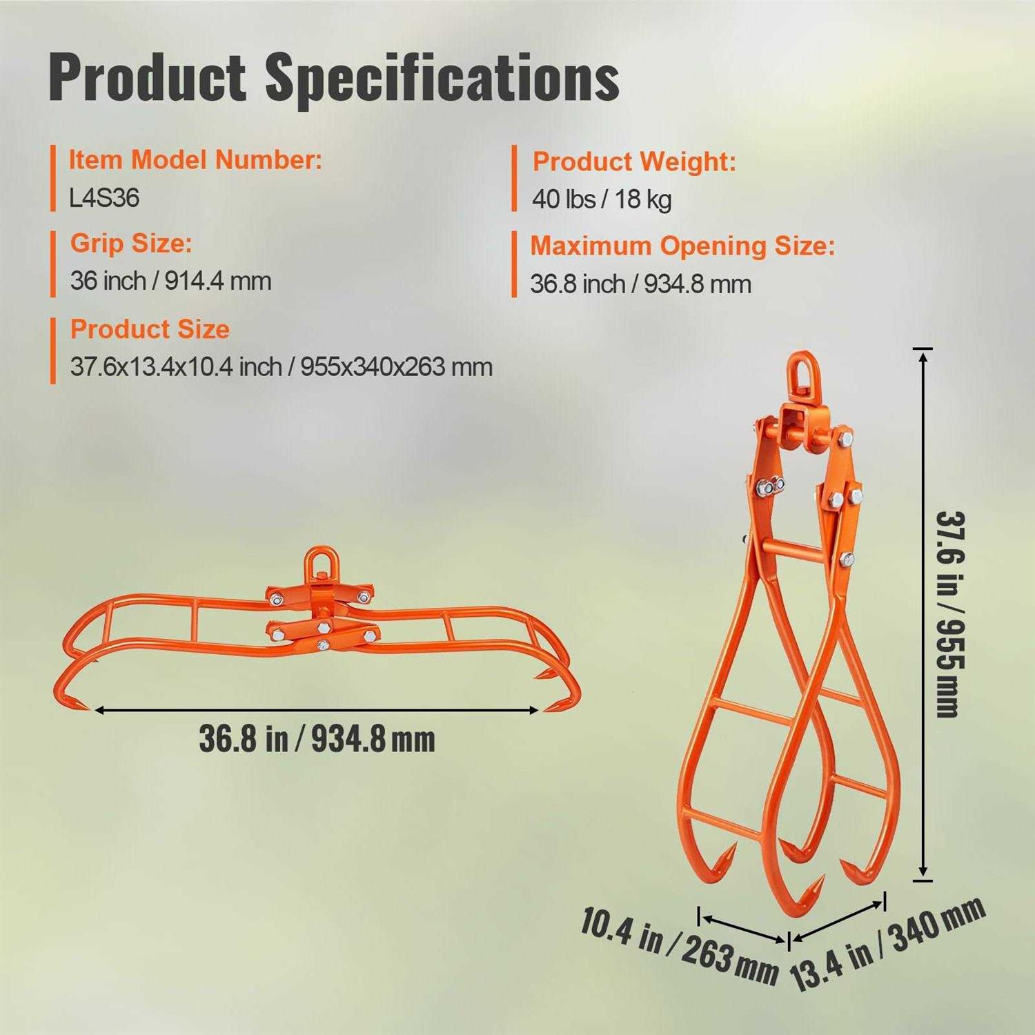 VEVOR Timber Claw Hook 4 Claw Log Grapple for Logging Tongs