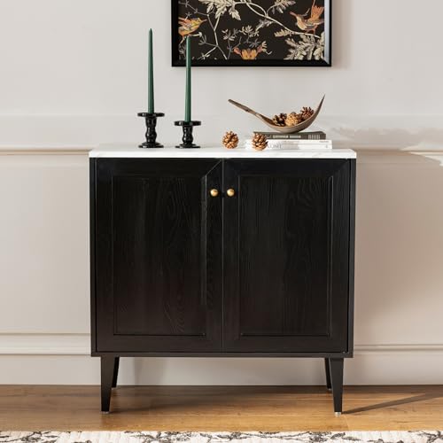 Black Storage Cabinet, Sideboard Buffet Cabinet Modern Accent Cabinet with Faux Marble Top & Adjustable Shelves, Wooden Credenza, Console Table Entryway Cabinet for Living Room