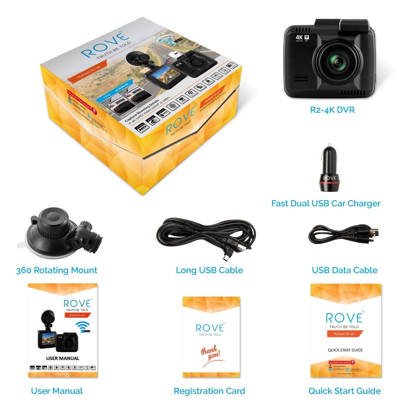 Rove R2-4K Car Dash Cam - 4K Ultra HD 2160p - Built-In WiFi u0026 GPS, PA
