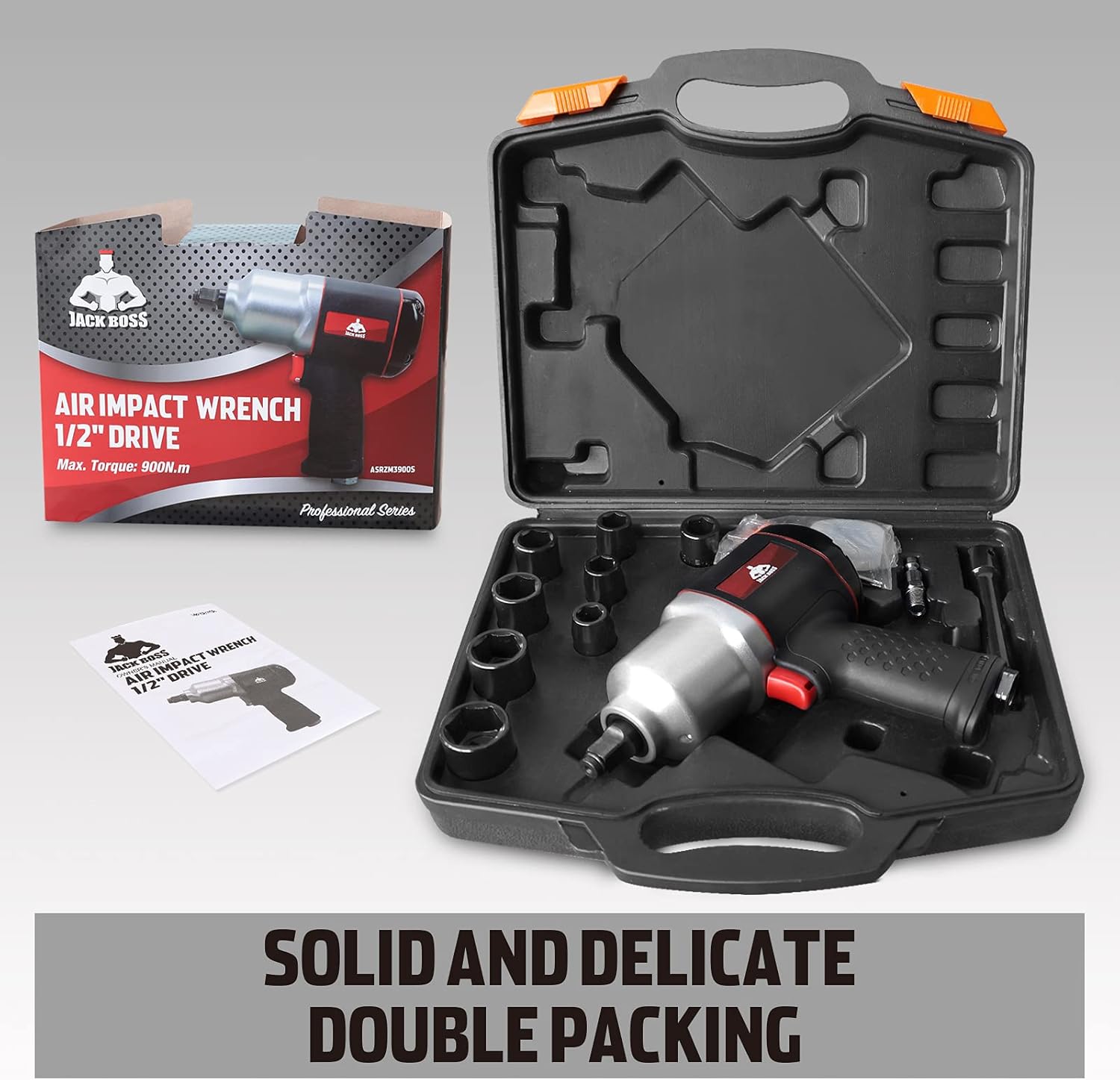Jack Boss 1/2-Inch Drive Air Impact Wrench 664 ft-lbs Powerful Torque Pneumatic Impact Wrench Twin Hammers with 8 Sockets &Case