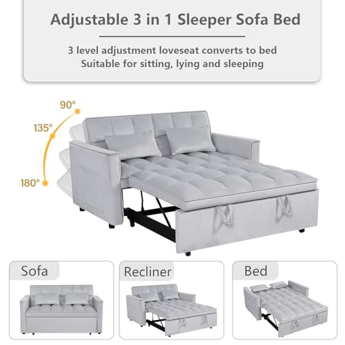 3 in 1 Convertible Sleeper Sofa Bed,Futon Loveseat Couch with Pull-Out Bed & Adjustable Backrest,Velvet Fabric Sofa with Side Pocket for Small Apartment, Living Room, Office (Black)