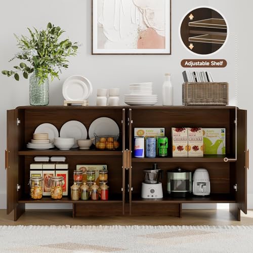 60" Sideboard Buffet Cabinet with Storage, Curved Design Farmhouse Coffee Bar Cabinet with 4 Doors & Adjustable Shelves for Living Room, Kitchen, Hallway, Walnut
